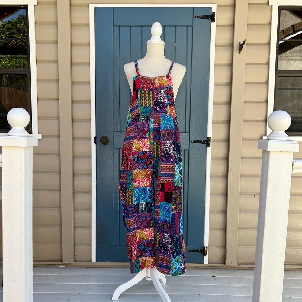 Boho Bright Multicolor Patchwork Overalls Women’s Size Medium